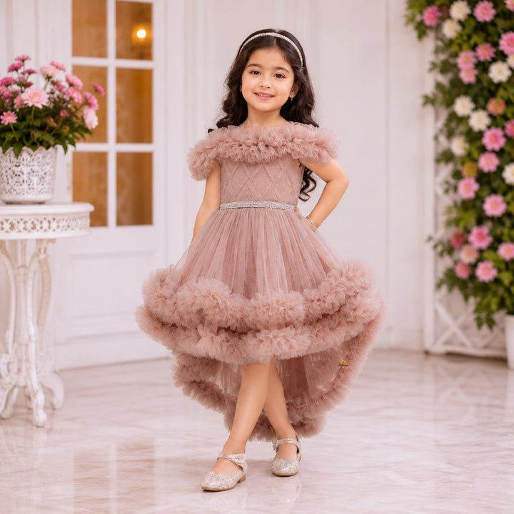 Beige Net Frock for Girls with Ruffle Detailing
