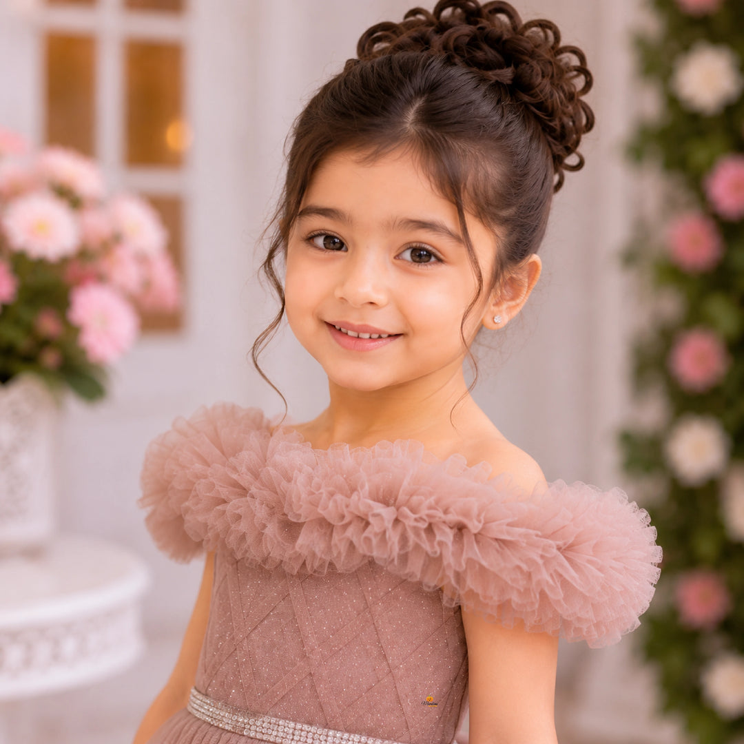 Beige Net Frock for Girls with Ruffle Detailing