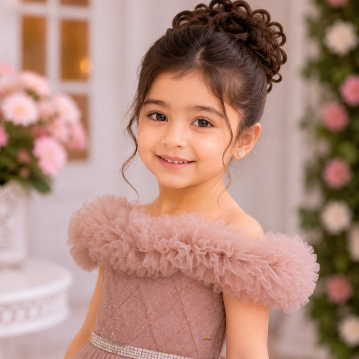 Beige Net Frock for Girls with Ruffle Detailing