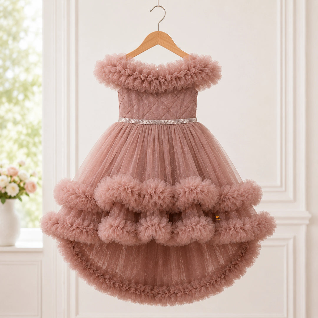 Beige Net Frock for Girls with Ruffle Detailing