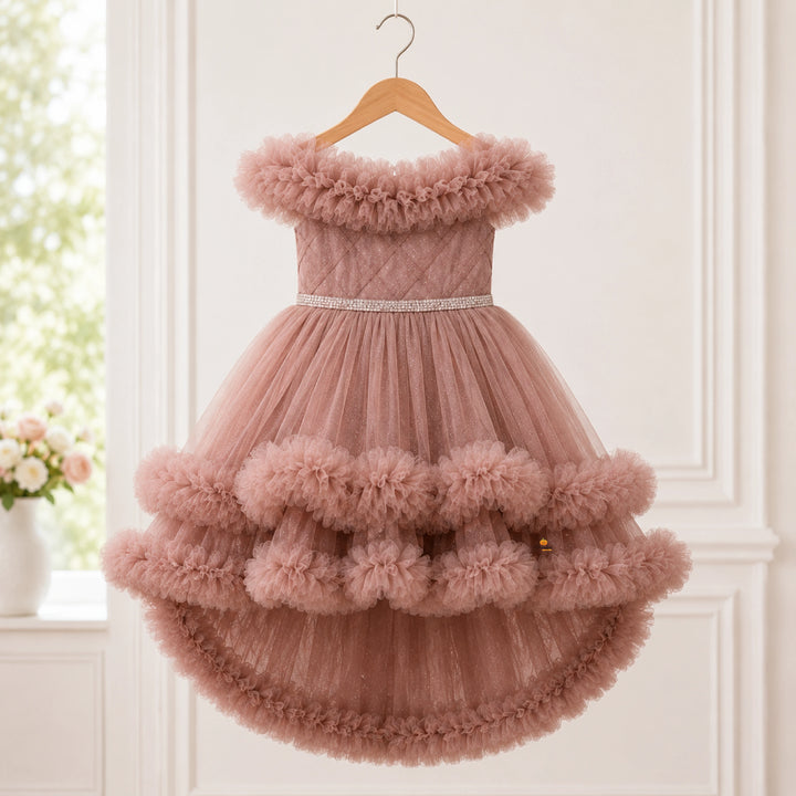 Beige Net Frock for Girls with Ruffle Detailing