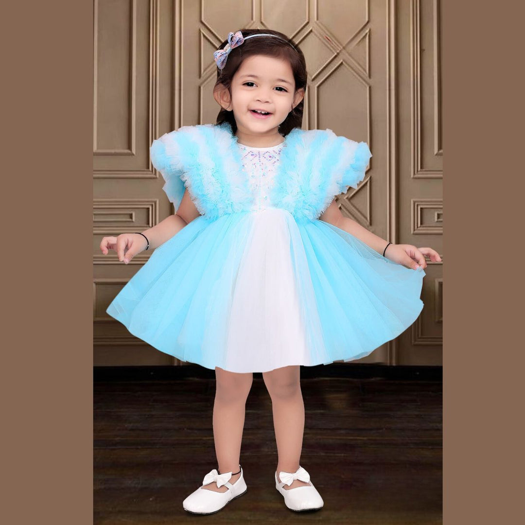 Peach & Turquoise Ruffled Sleeves Frock for Girls Front 