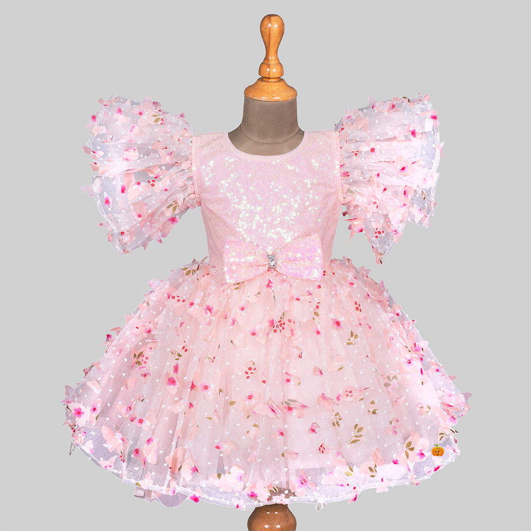 Peach Scattererd Flower Sequin Girls Frock Front View