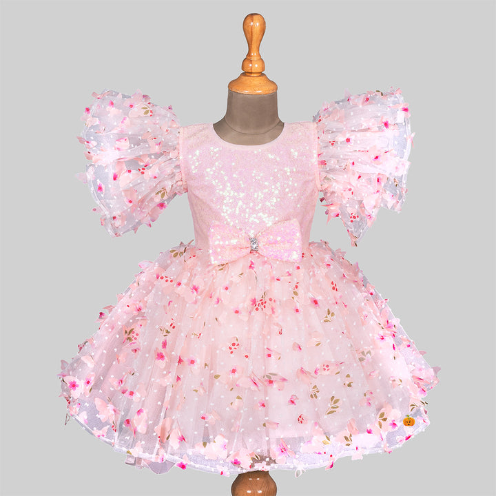 Peach Scattererd Flower Sequin Girls Frock Front View