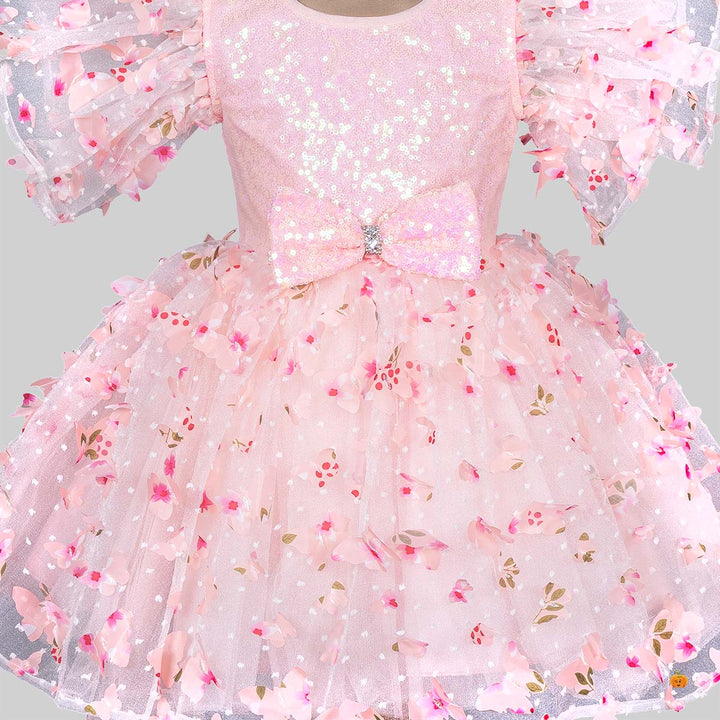 Peach Scattererd Flower Sequin Girls Frock Close Up