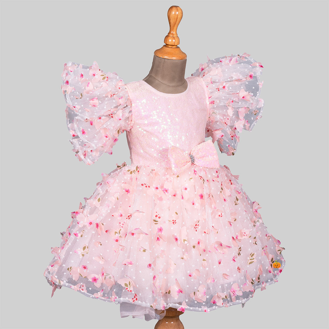 Peach Scattererd Flower Sequin Girls Frock Side 