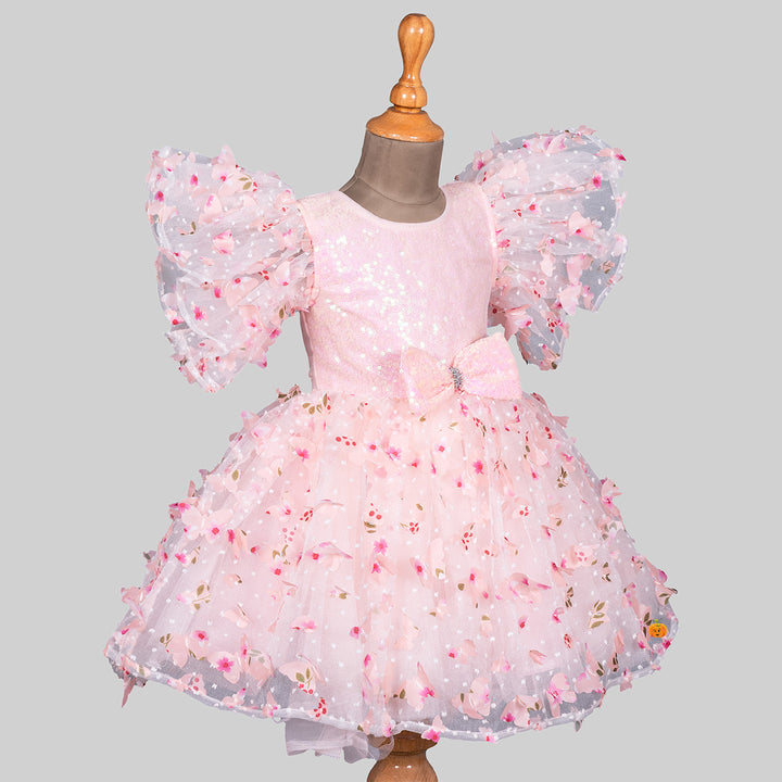 Peach Scattererd Flower Sequin Girls Frock Side 