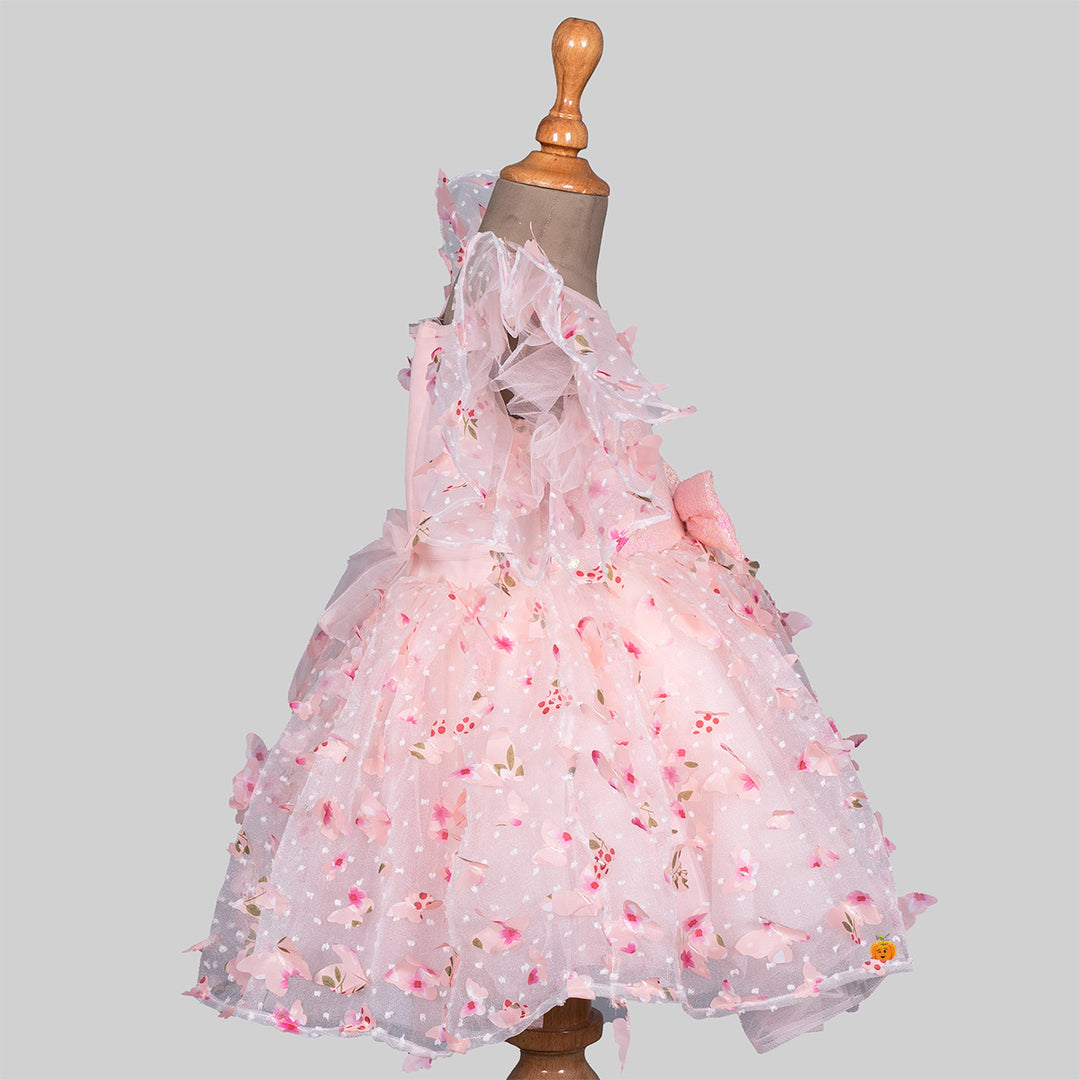 Peach Scattererd Flower Sequin Girls Frock Side 