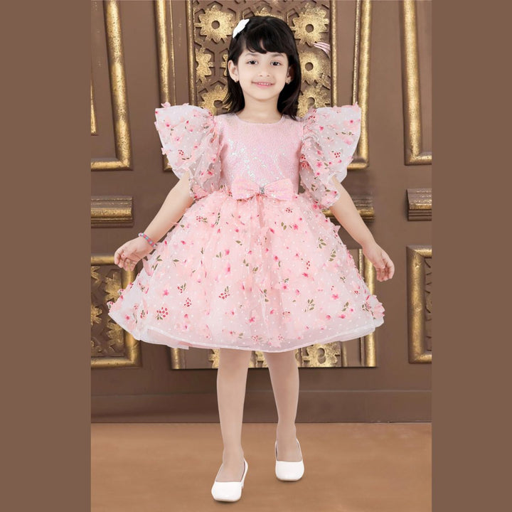 Peach Scattererd Flower Sequin Girls Frock Front 