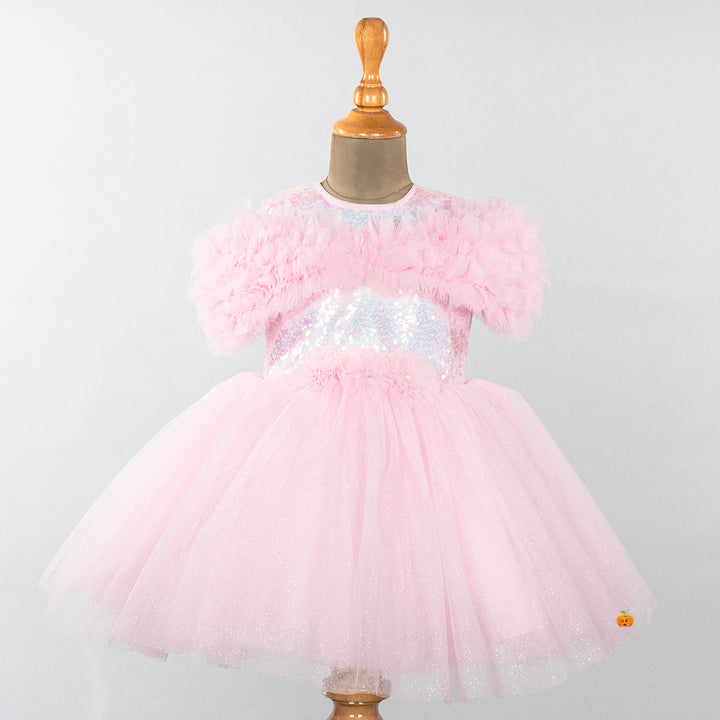 White & Pink Glittery Girls Frock Front 