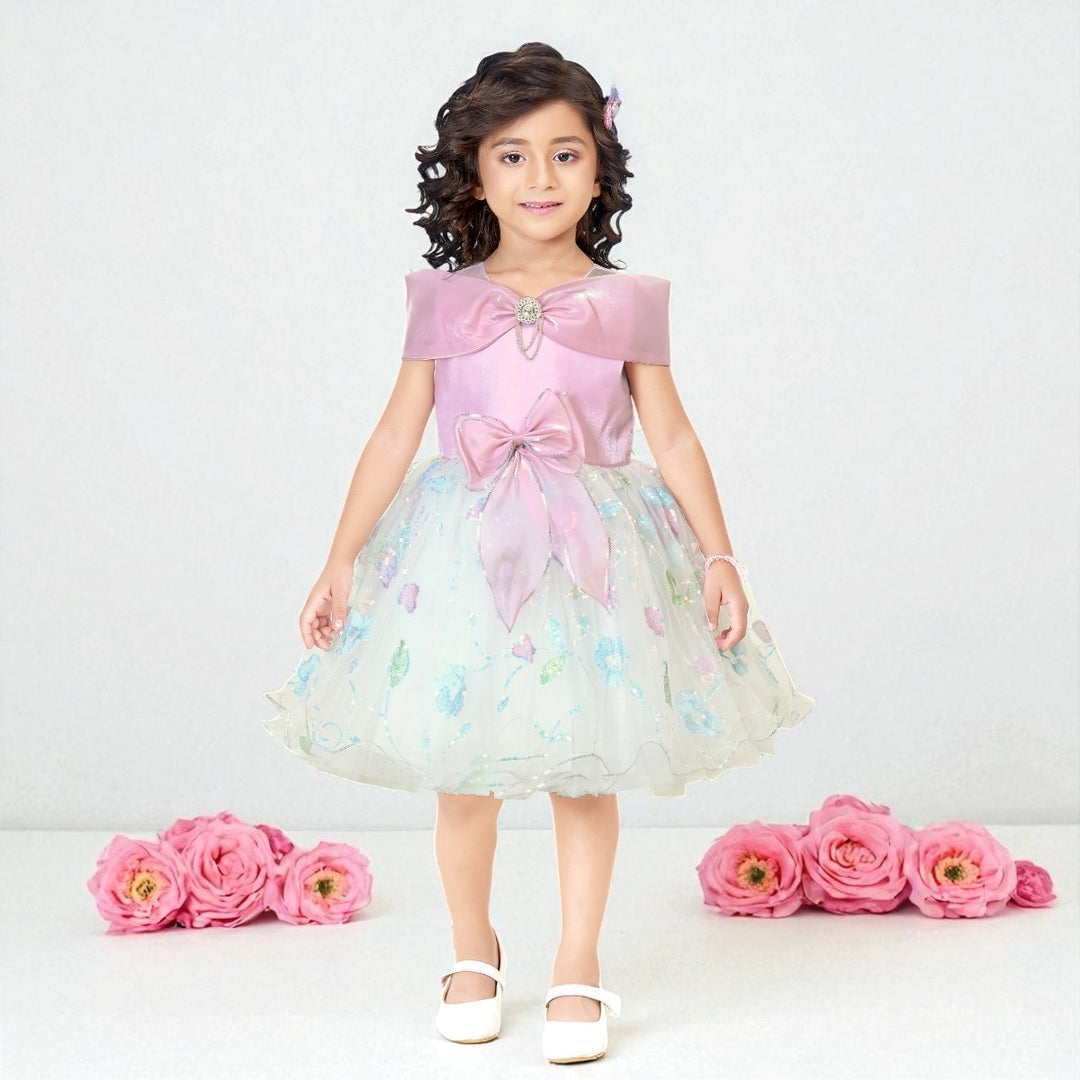 Onion Frock for Girls with Bow & Floral Net Skirt