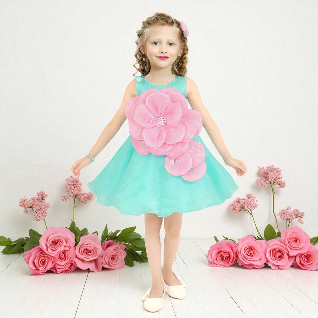 Turquoise Girls Frock with Big Pink Flower Design
