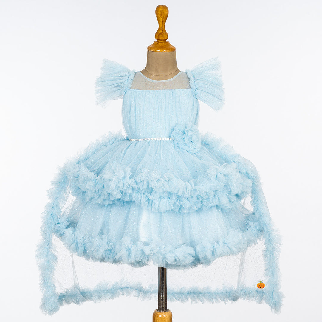 Sky Blue & Pista Ruffled Sleeves Girls Frock Front 