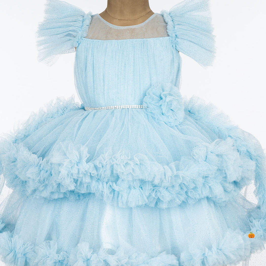 Sky Blue & Pista Ruffled Sleeves Girls Frock Close Up