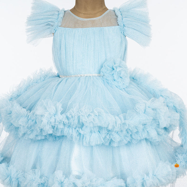 Sky Blue & Pista Ruffled Sleeves Girls Frock Close Up