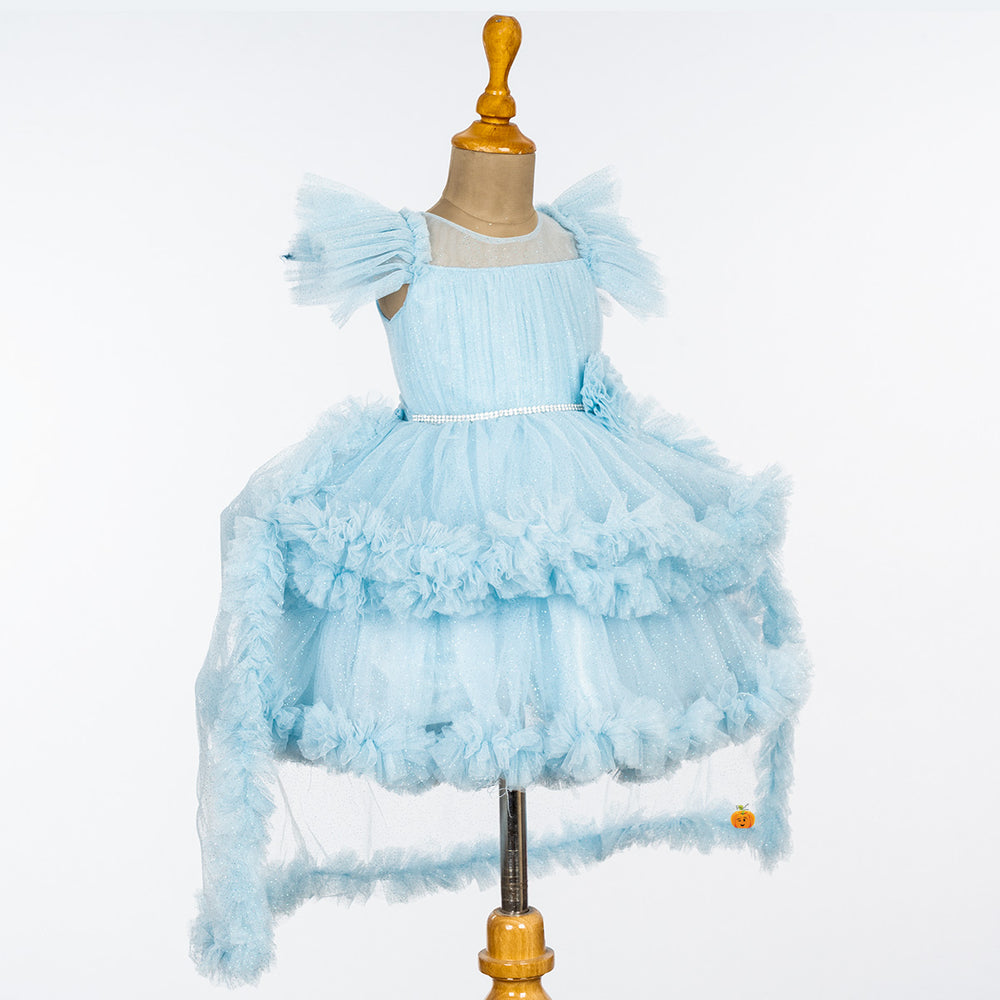 Sky Blue & Pista Ruffled Sleeves Girls Frock Side  