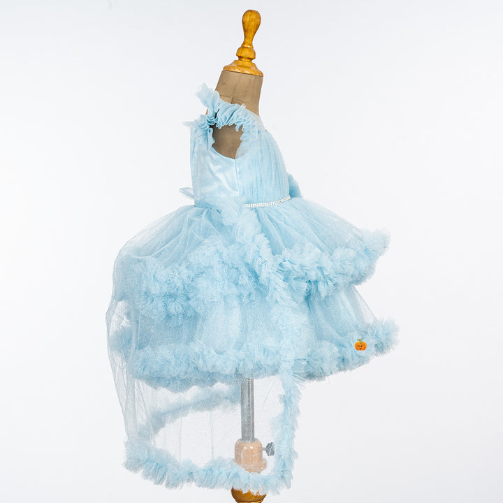 Sky Blue & Pista Ruffled Sleeves Girls Frock Side 