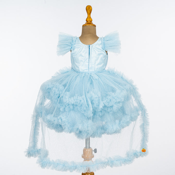 Sky Blue & Pista Ruffled Sleeves Girls Frock Back 