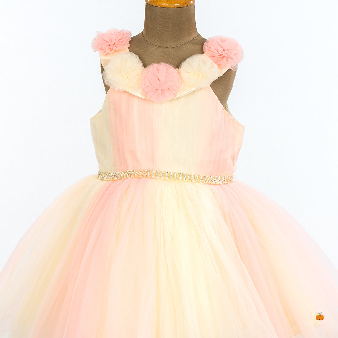 Peach Floral Neck Frock for Girls Close Up 