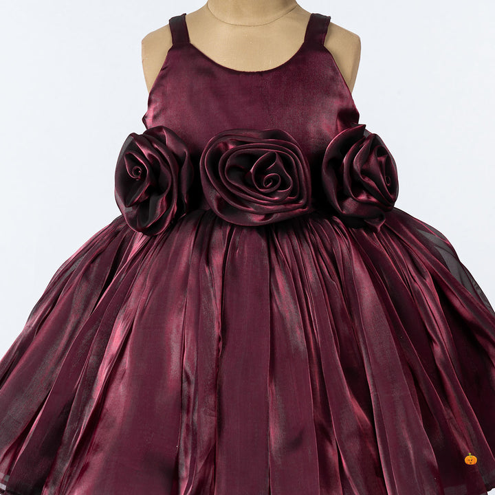 Maroon Flower Girls Frock Front Close Up 