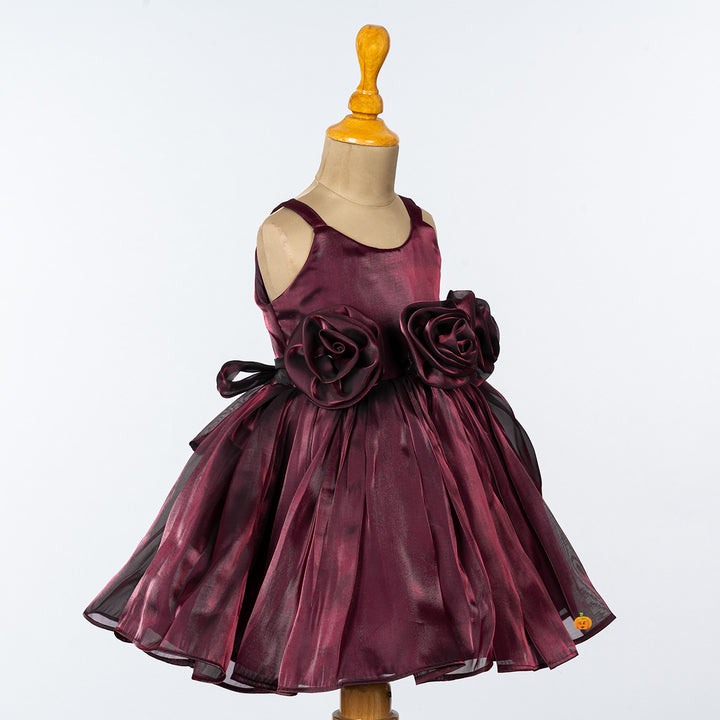 Maroon Flower Girls Frock Front Side 