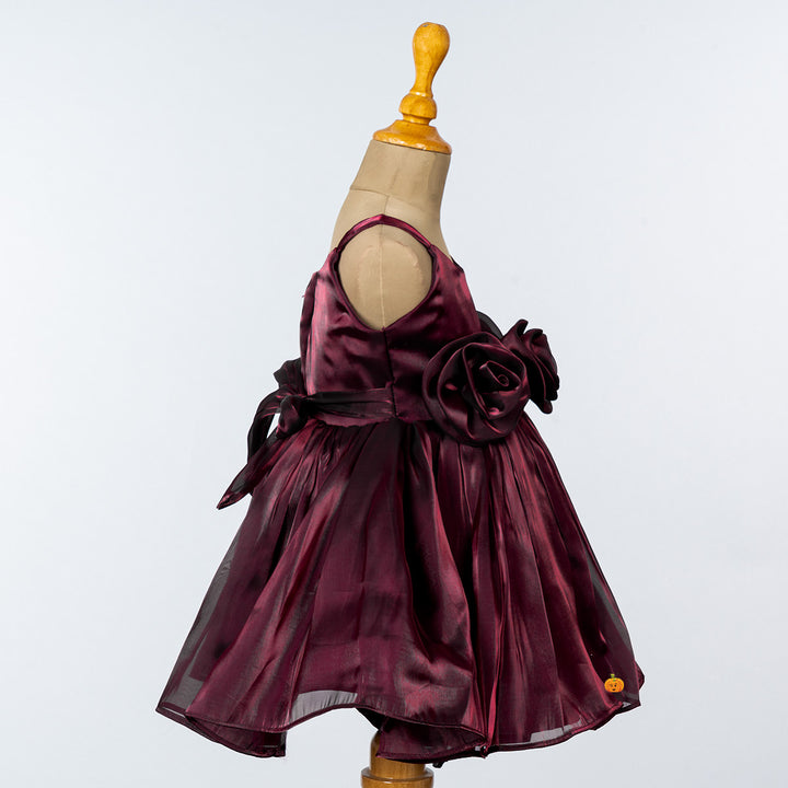 Maroon Flower Girls Frock Front Side 