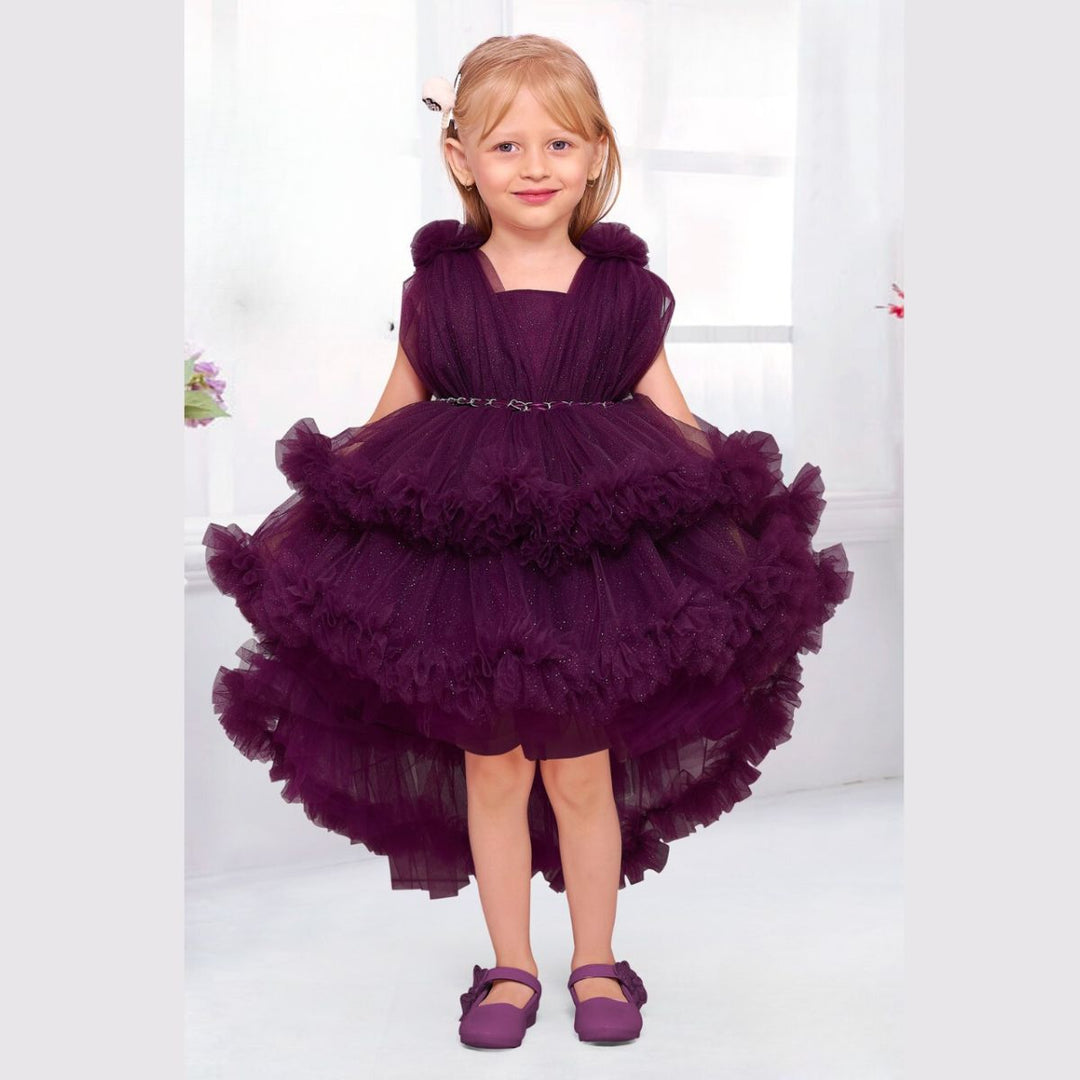 Wine Red Girls Frock in High Low Frill Edges Front 