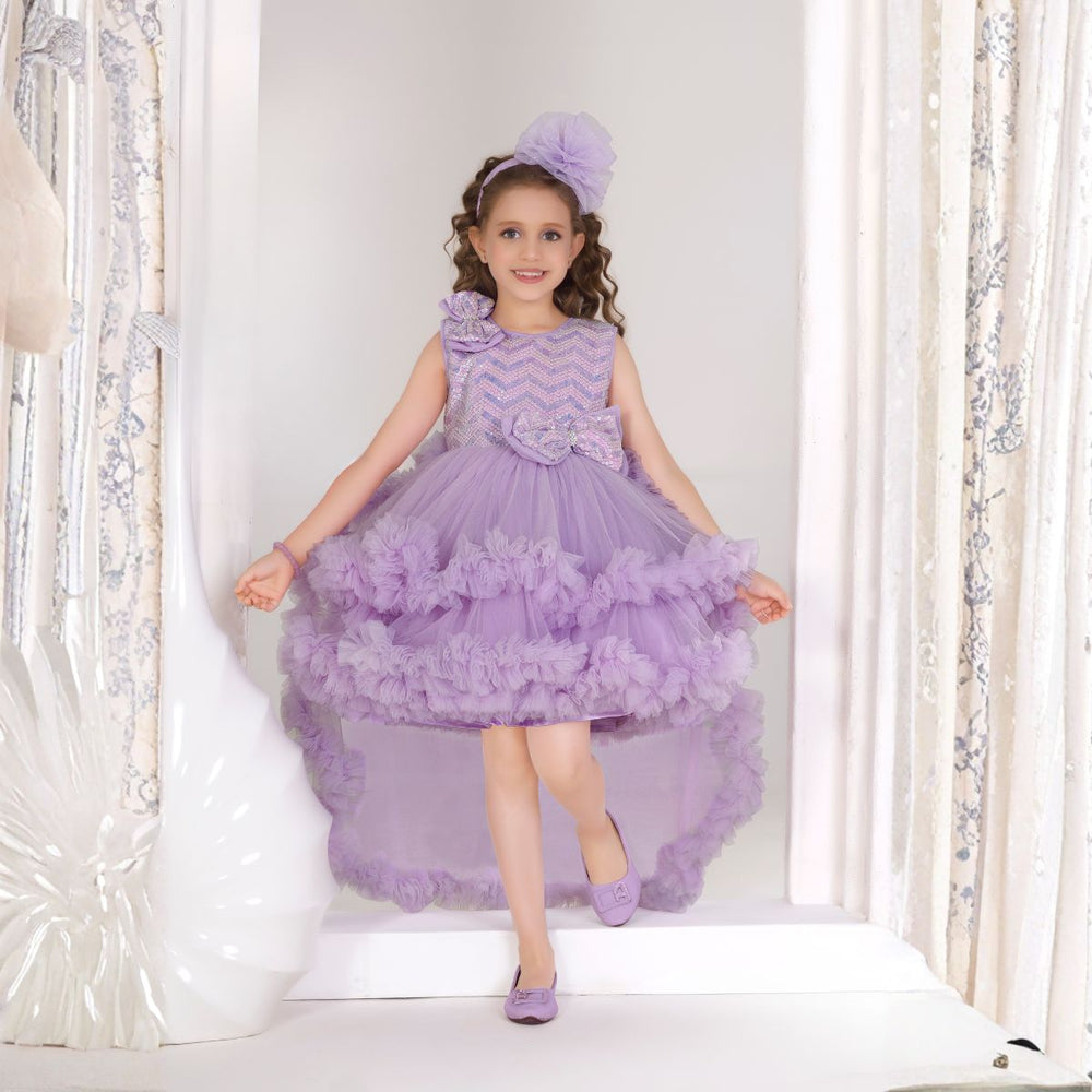 Purple & White Layered High-Low Girls Frock