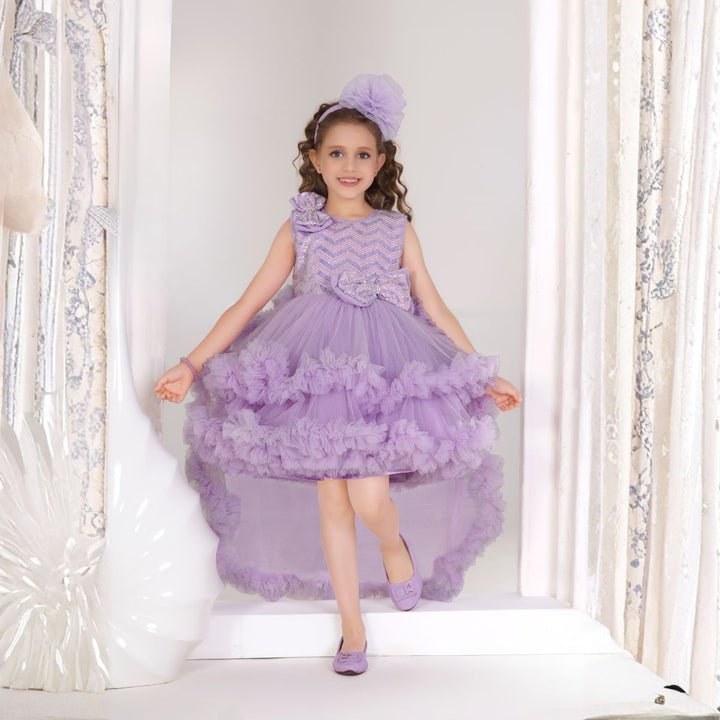 Purple & White Layered High-Low Girls Frock