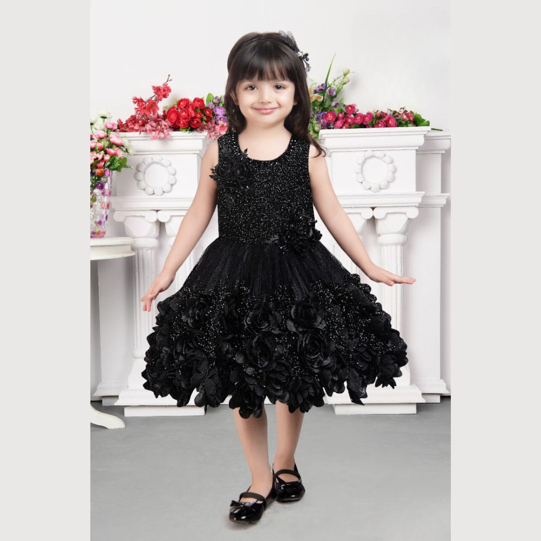 Black Floral Pattern Frock for Girls Front 