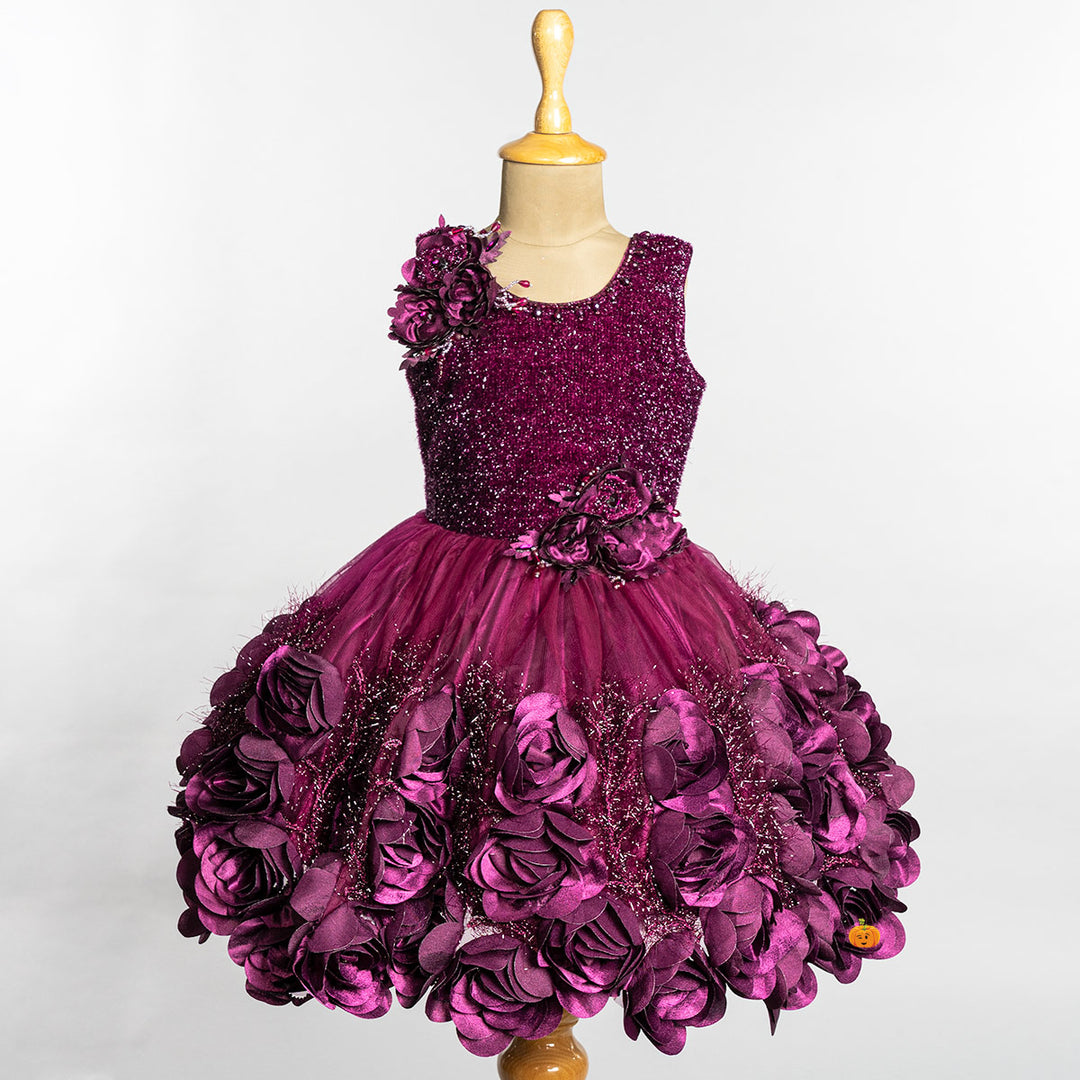 Wine Floral Girls Frock Front 