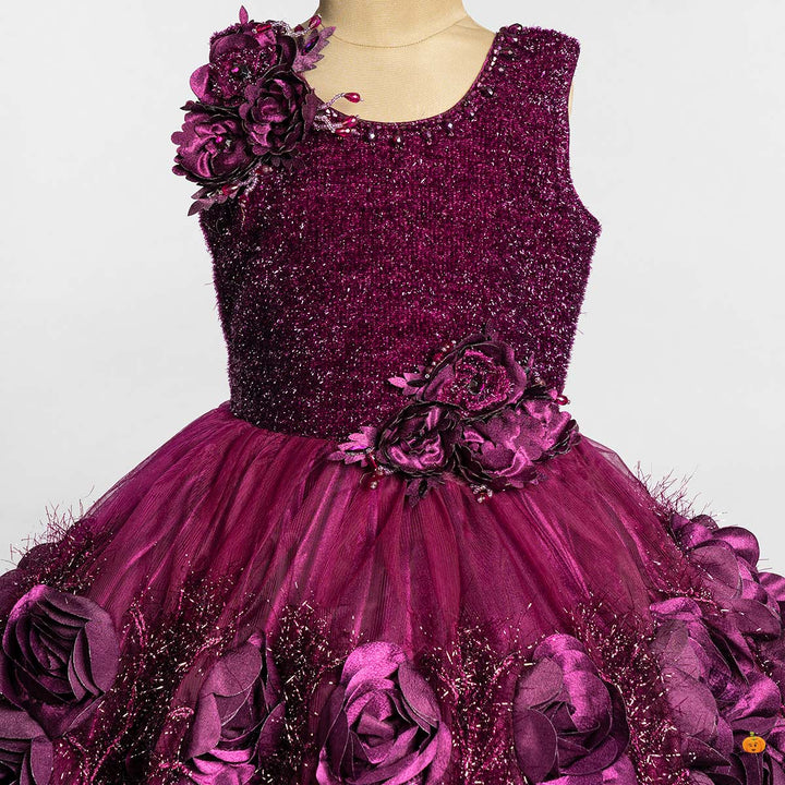 Wine Floral Girls Frock Close Up 