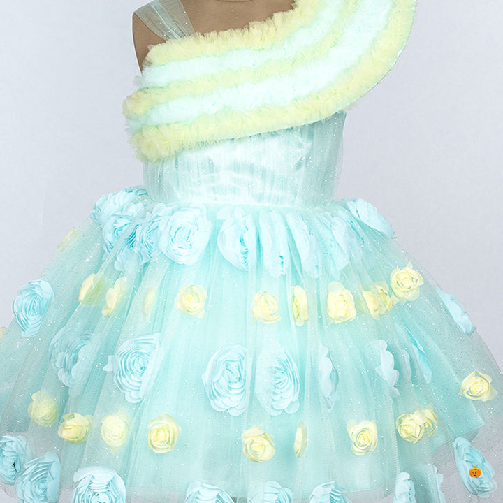 Sea Green Scattered Flower Girls Frock Close Up 