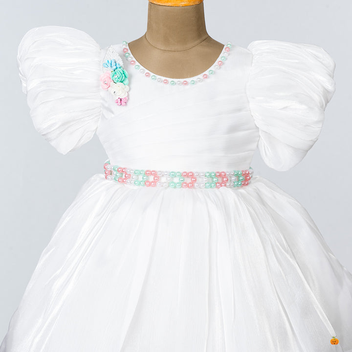 Cream Pearl Deign Frock for Girls Close Up 