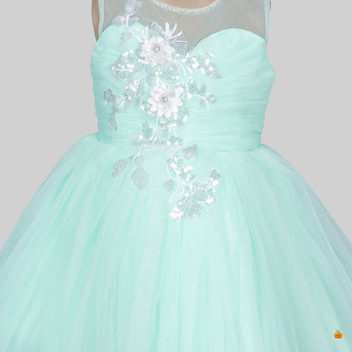 Green Floral Frock for Girls Close Up 