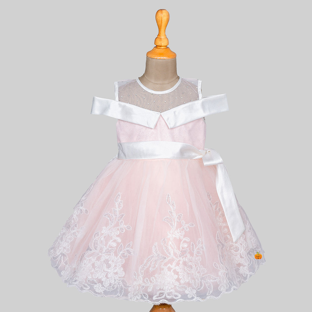 Peach Off Shoulder Frock for Girls Front 