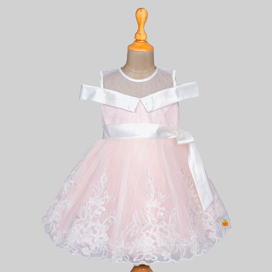 Peach Off Shoulder Frock for Girls Front 