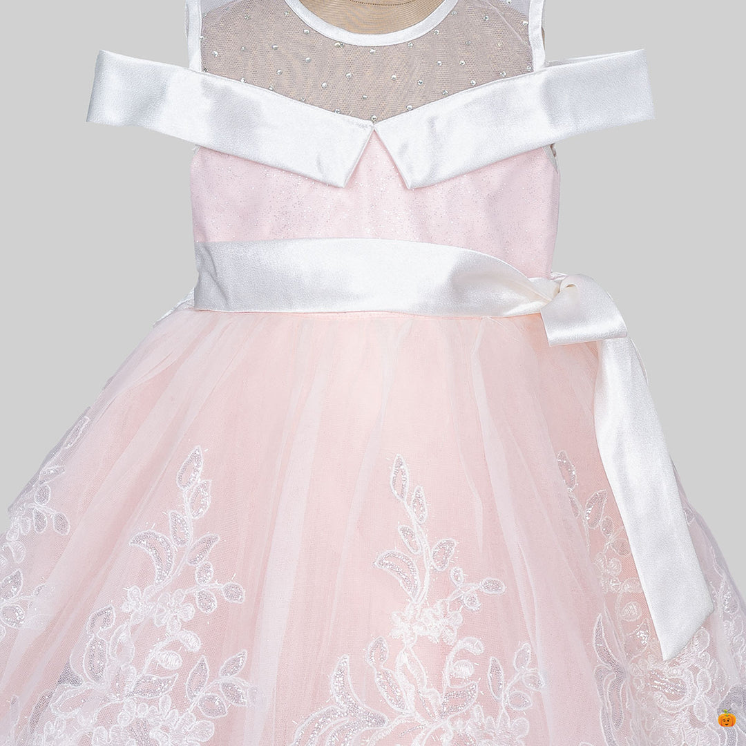Peach Off Shoulder Frock for Girls Close Up 