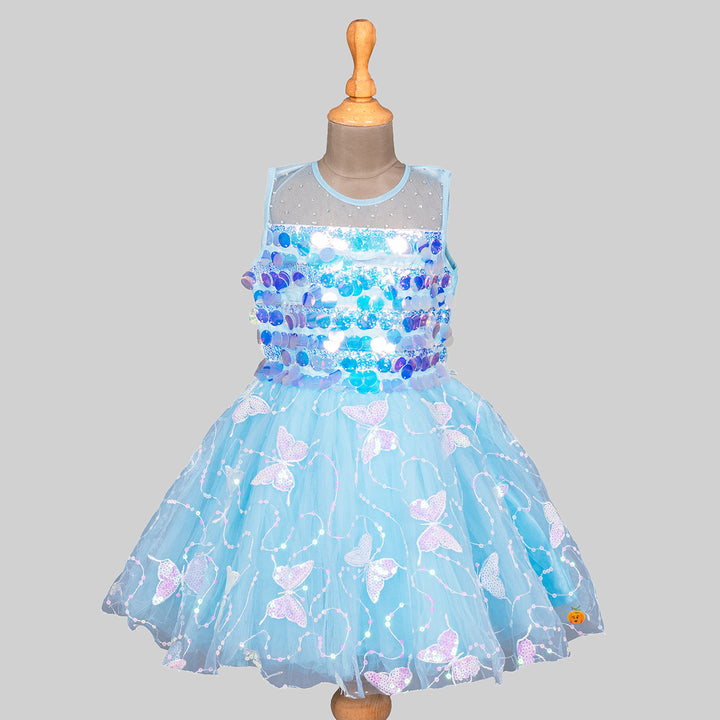 Turquoise Sequin Butterfly Frock for Girls Front 
