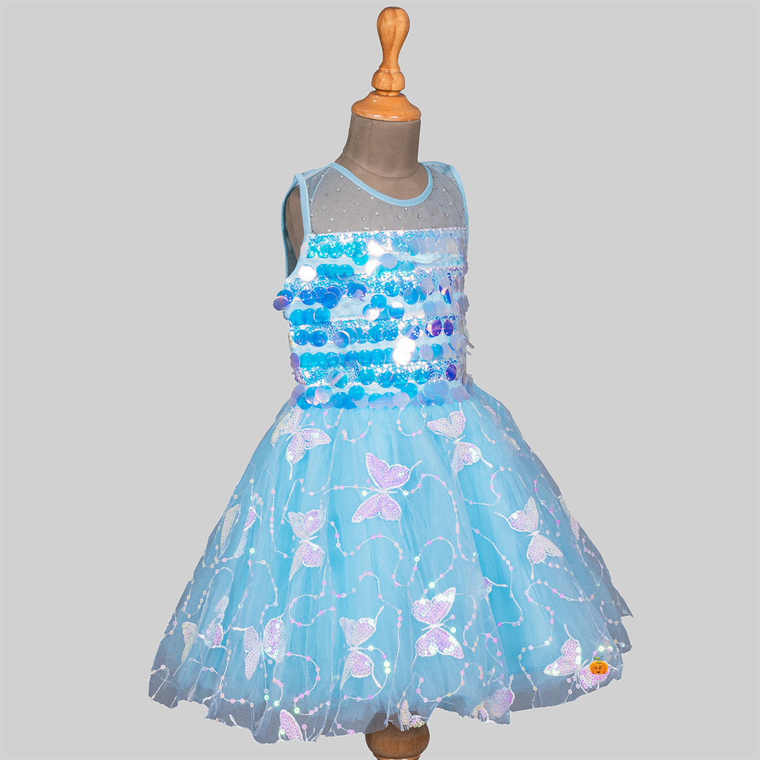 Turquoise Sequin Butterfly Frock for Girls Side 