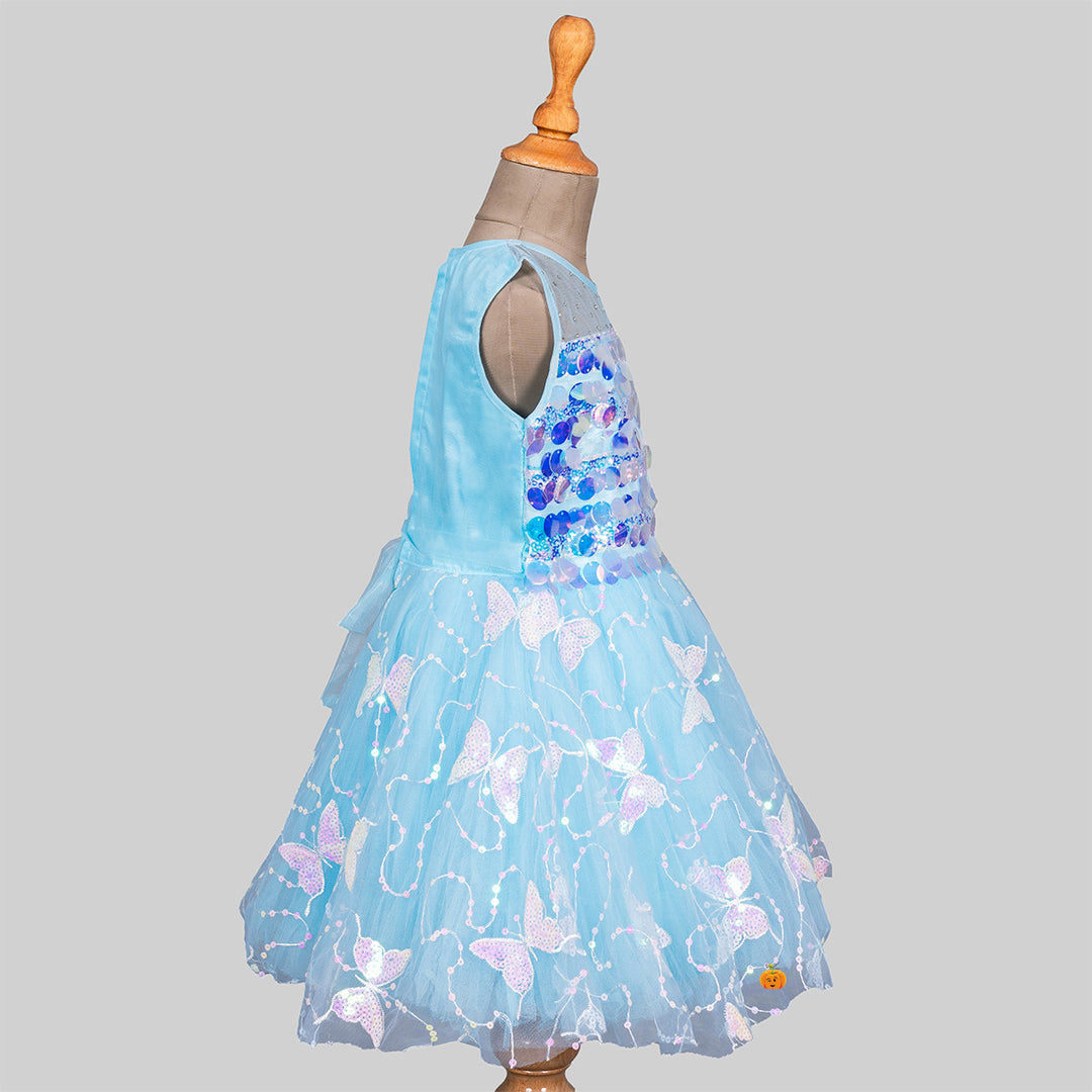 Turquoise Sequin Butterfly Frock for Girls Side 