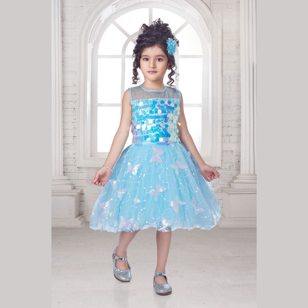 Turquoise Sequin Butterfly Frock for Girls Front 