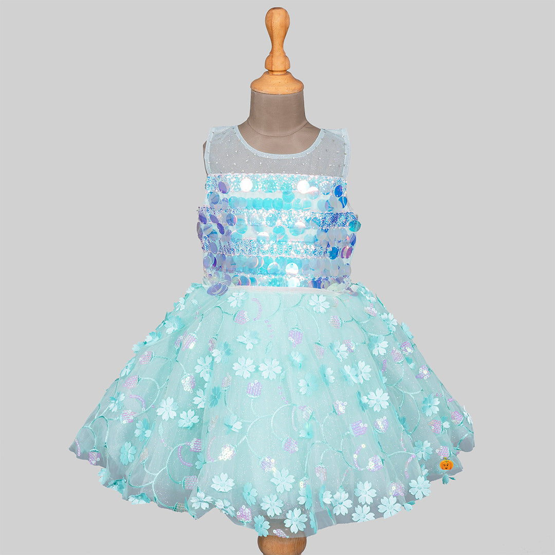 Sea Green Floral Sequin Girls Frock Front 