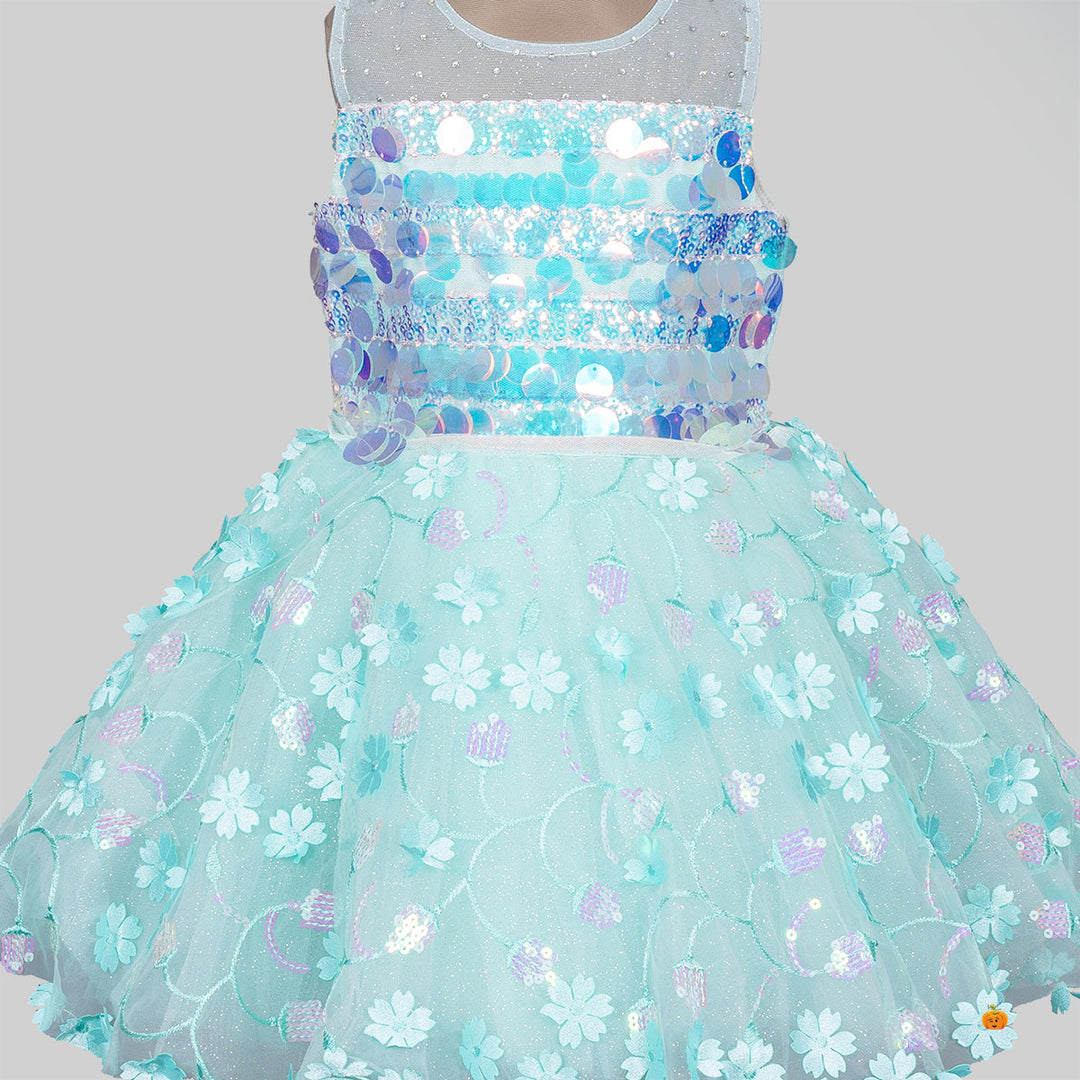 Sea Green Floral Sequin Girls Frock Close Up 