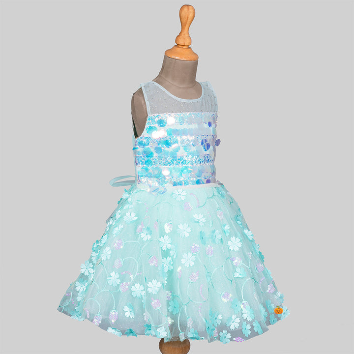 Sea Green Floral Sequin Girls Frock Side 