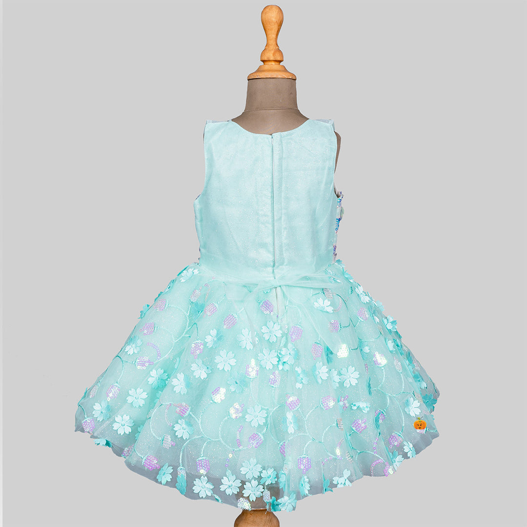 Sea Green Floral Sequin Girls Frock Back