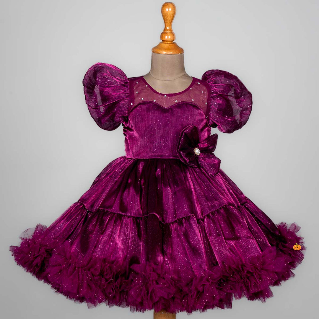 Wine Bow Flared Frock for Girls Front View