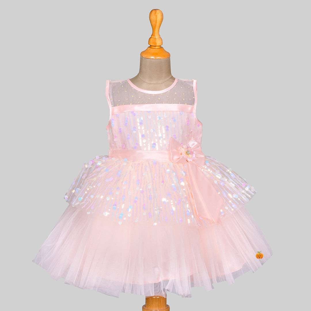 Peach Sequin Net Frock for Girls Front 