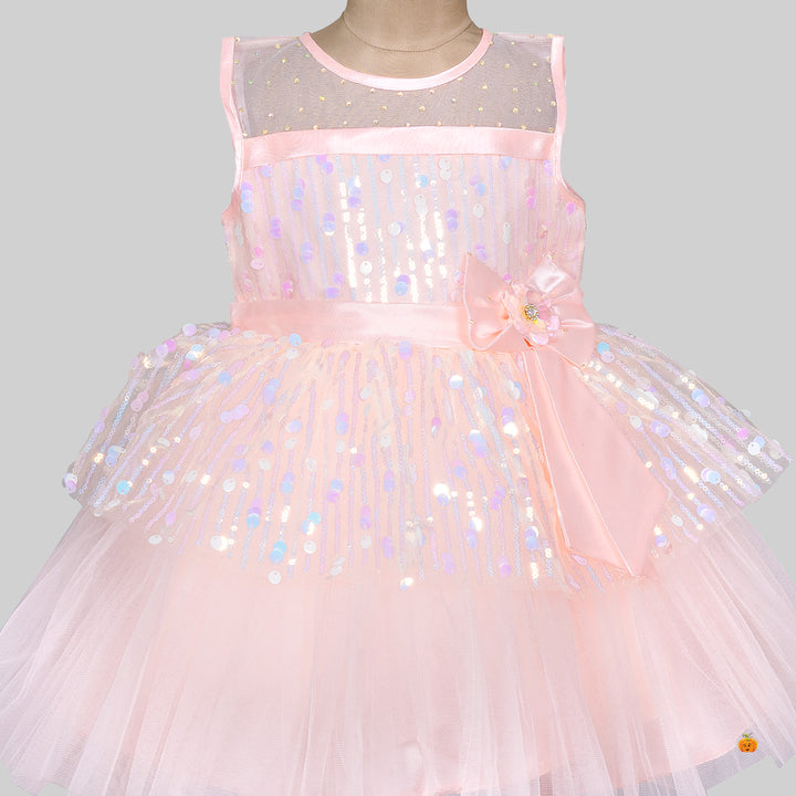 Peach Sequin Net Frock for Girls Close Up 