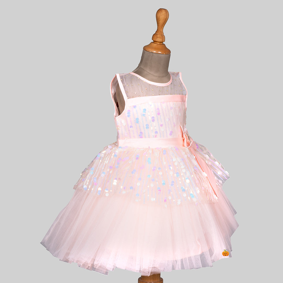 Peach Sequin Net Frock for Girls Side 